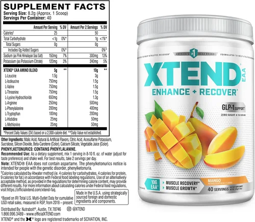 Miniatura 2 de Xtend - Polvo EAA + BCAA para recuperación muscular y crecimiento muscular magro, 9 aminoácidos esenciales para entrenamiento intra o recuperación
