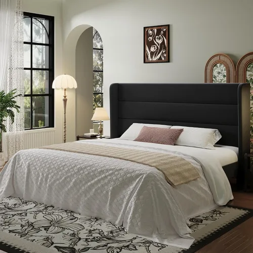 Miniatura 12 de SHA CERLIN - Base de cama tamaño Full con cabecera tapizada en terciopelo y diseño acanalado vertical; plataforma de cama tapizada con listones
