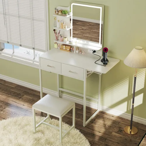 Miniatura 2 de HUAHUU Pequeño escritorio de tocador con espejo y luces, tocador de maquillaje con cajón de almacenamiento de tela, silla y tres estantes, tocador
