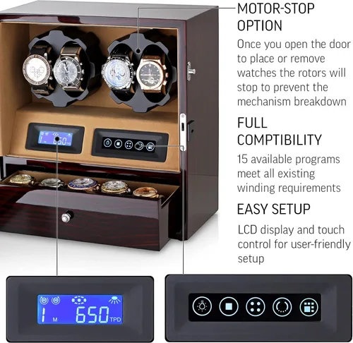 Miniatura 5 de Enrollador de 4 relojes con espacio de almacenamiento de 5 relojes, pantalla LCD, control táctil y luz