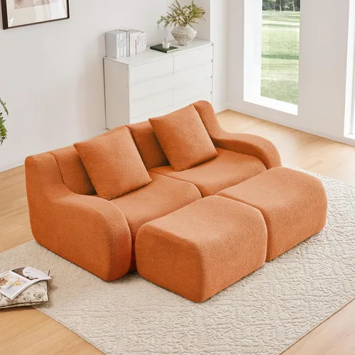 Miniatura 9 de Otomana de tela de peluche negra, moderno reposapiés modular sin hueso en una caja para sala de estar, cómodo diseño de asiento profundo,