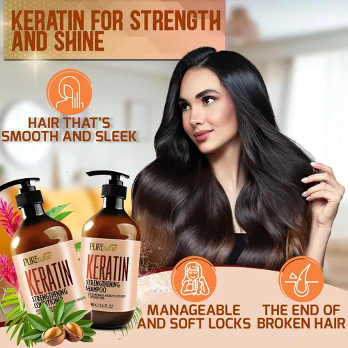 Miniatura 2 de Juego de champú y acondicionador de queratina, tratamiento sin sulfatos ni parabenos para cabello seco, fórmula enriquecida con colágeno