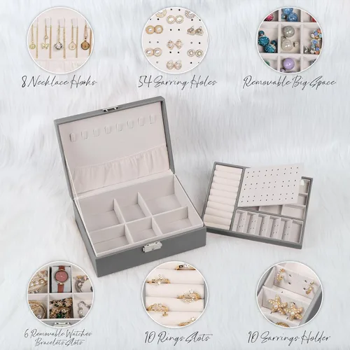Miniatura 10 de Joyero para mujeres y niñas, contenedor organizador de joyas de 2 capas con cerradura, estuche de almacenamiento de piel sintética con bandeja