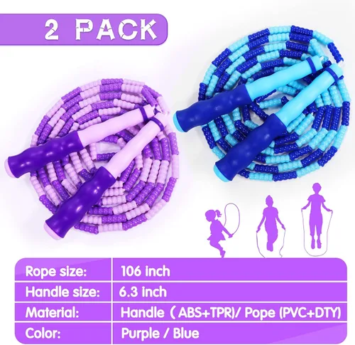 Miniatura 3 de Supertrip Cuerda de saltar para niños, cuerda de saltar con cuentas suaves, ajustable, sin enredos, segmentada para niños y estudiantes Azul y morado