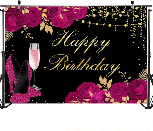 Miniatura 3 de Mocsicka Telón de fondo rosa negro con purpurina para mujer, de tacón alto, para decoración de cumpleaños de niñas, decoración de fiesta de feliz