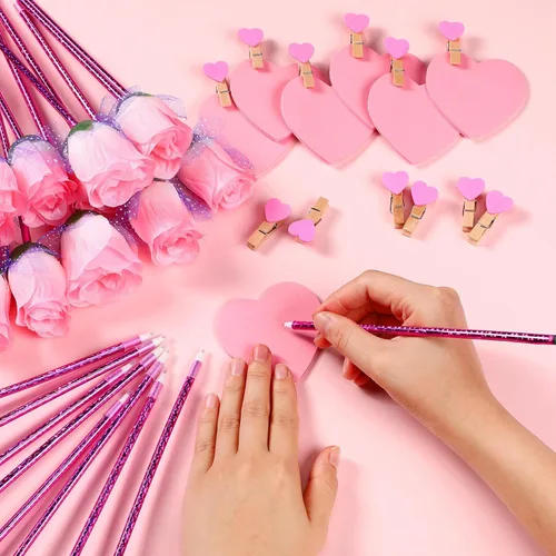 Miniatura 5 de Yexiya 48 juegos de bolígrafos de rosas para el día de San Valentín, regalos a granel con notas adhesivas, clips de corazón, bolsas de regalo