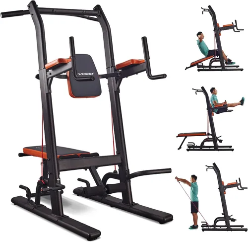 HARISON Torre de potencia multifunción con banco, barra de dominadas resistente, estación de inmersión para gimnasio en casa, entrenamiento,