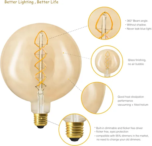 Miniatura 5 de Bombilla Edison E26 vintage de gran tamaño, regulable de 6 W, vidrio ámbar, blanco cálido 2200 K, sin parpadeo, CRI90, equivalente a 60 W, bombilla