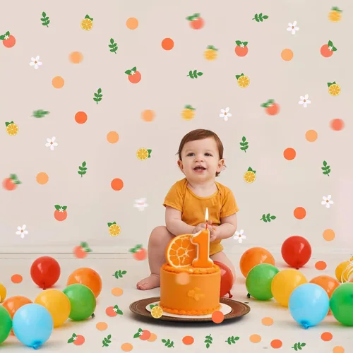 Miniatura 6 de 300 piezas de confeti Little Cutie Baby Shower Confeti cítricos, papel redondo naranja mandarina flor blanca verde eucalipto disperso para baby