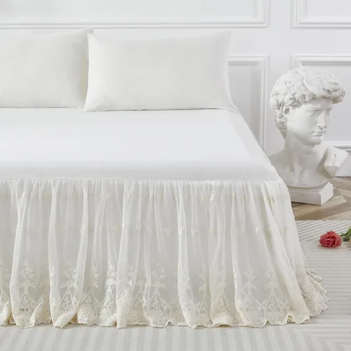 Miniatura 4 de Brandream Falda de cama tamaño queen de lujo con encaje crema y blanco de 18 pulgadas, sábanas románticas para chicas, elegante sábana con faldón