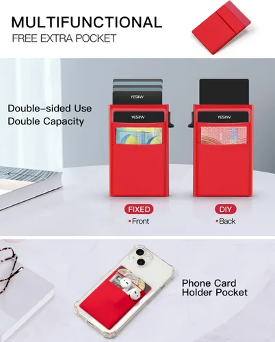Miniatura 6 de YESIIW Pop up Slim Card Holder RFID Blocking with Money Pocket Minimalist Business Credit Card Wallet for Women and Men Aluminum Metal Bank Card