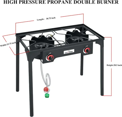 Miniatura 2 de COOKAMP - Estufa de camping portátil de doble quemador de propano de alta presión con regulador ajustable de 0-20 PSI y manguera de acero trenzada