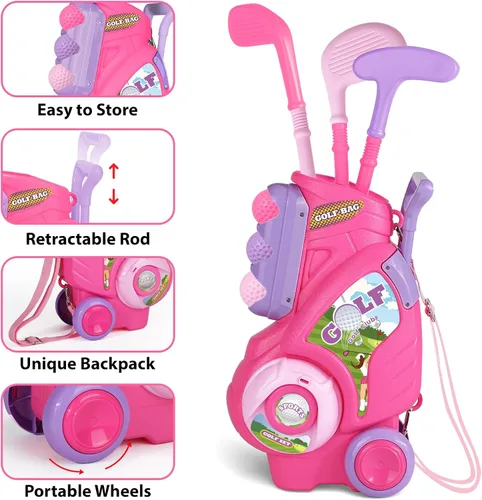 Miniatura 3 de Juego de golf para niñas y niños de 1, 2, 3, 4 años, carrito de golf mejorado para niños con 3 palos y 8 bolas, juguetes deportivos para interiores