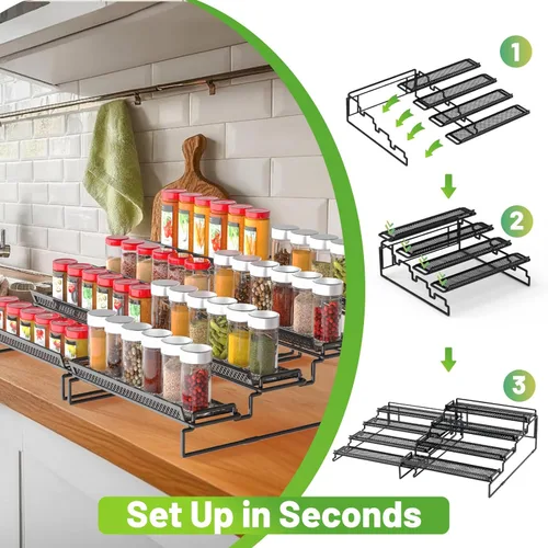 Miniatura 5 de Organizador de especias ajustable de 4 niveles para gabinete, color negro (2 piezas S & L) estante de especias expandible con barandilla