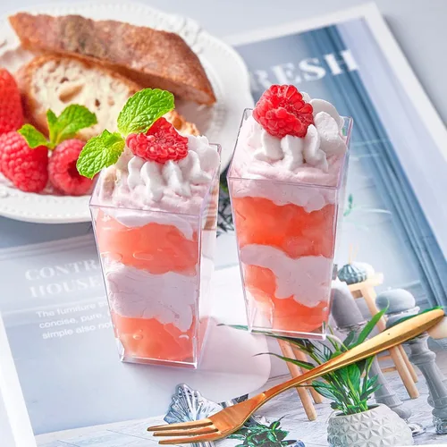 Miniatura 7 de TOFLEN Paquete de 100 mini tazas cuadradas de postre de 3 onzas con cucharas de plástico transparente para fiestas, yogur, parfait, pastel de queso