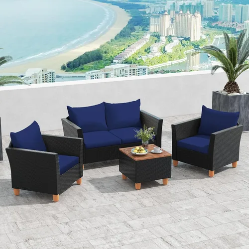 Miniatura 4 de HAPPYGRILL Juego de 4 piezas de mimbre para patio, silla de ratán de polietileno y otomana con cojines extraíbles, mesa de centro de almacenamiento