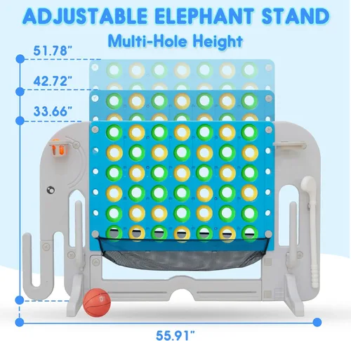Miniatura 2 de Giant 4 in a Row Connect Game, Adjustable Height (2.6FT-4.3FT) Jumbo 4-to-Score Yard Game Set with Basketball, Golf & Ring Toss, Elephant Design
