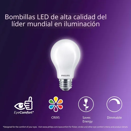 Miniatura 3 de PHILIPS Bombillas LED de 60 W A19, 4 unidades, ultra definición, blanco suave (2200 K), 800 lúmenes (8 W = 60 W), regulables, sin parpadeo, bombillas
