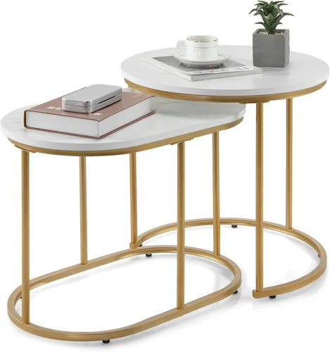 Giantex Juego de 2 mesas auxiliares anidables modernas, juegos de mesa auxiliar y mesa auxiliar, marco de acero dorado, fácil montaje, mesa auxiliar