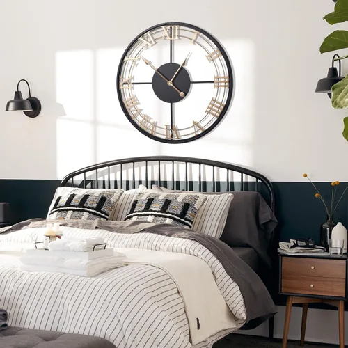 Miniatura 3 de Reloj de pared decorativo grande de 24 pulgadas, reloj de pared de metal industrial con números romanos, negro, silencioso, sin tictac, funciona