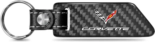 iPick Image Para Chevrolet Corvette C7 Negro Real Fibra de Carbono Estilo Hoja con Correa de Cuero Negro Llavero Llavero, Licencia Oficial, Negro -