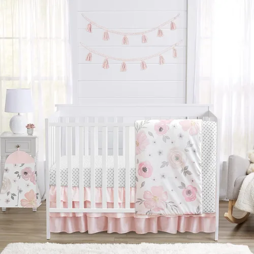 Sweet Jojo Designs Juego de ropa de cama para cuna de bebé de 4 piezas (rosa y gris bohemio floral) para niñas, bebés/cuarto de bebé, incluye manta,