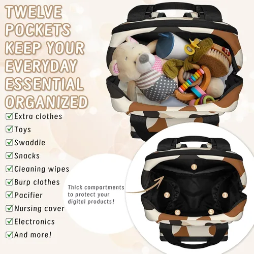 Miniatura 4 de Animal Cow Print Diaper Bag Backpack for Travel, Waterproof Diaper Bag with Insulated Bottle Pockets & USB Port, Large Capacity Baby Bag for Moms &