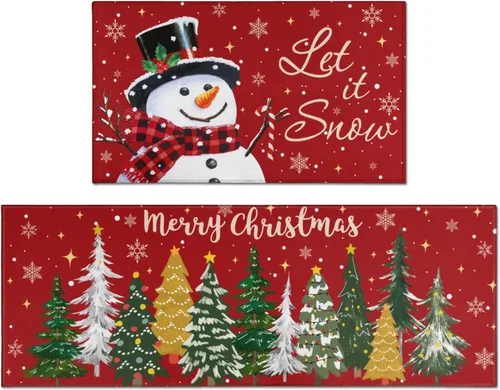 Miniatura 13 de Juego de 2 alfombras de cocina de Navidad, muñeco de nieve, árbol de Navidad, antideslizantes, lavables, decoración de cocina de invierno y Navidad
