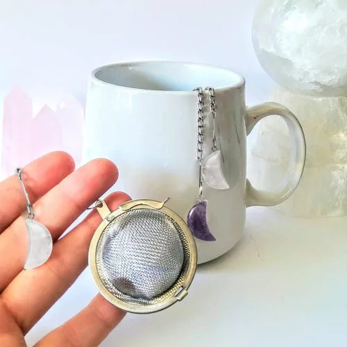 Miniatura 7 de 2 coladores de té, infusores de té de malla de acero inoxidable, amatista y cristal blanco con colgante de luna de cristal blanco, filtro de té