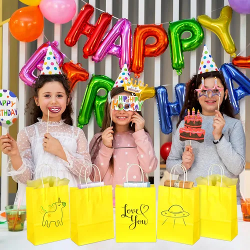 Miniatura 2 de BLEWINDZ 32 Bolsas Pequeñas de Papel para Regalos con Papel de Seda, Bolsas Amarillas para Obsequios de Fiesta con Asas, Bolsa de Golosinas de 8.7