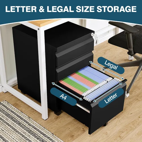 Miniatura 5 de MIIIKO - Archivador de metal con 3 cajones con ruedas, archivador móvil para debajo del escritorio de oficina en el hogar, archivadores totalmente