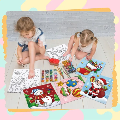 Miniatura 5 de Anseal 8 Paquetes Lienzos Predibujados de Navidad para Pintar, 8" X 8" Lienzo Preimpreso para Niños, Tableros de Pintura con Contorno Preestirado