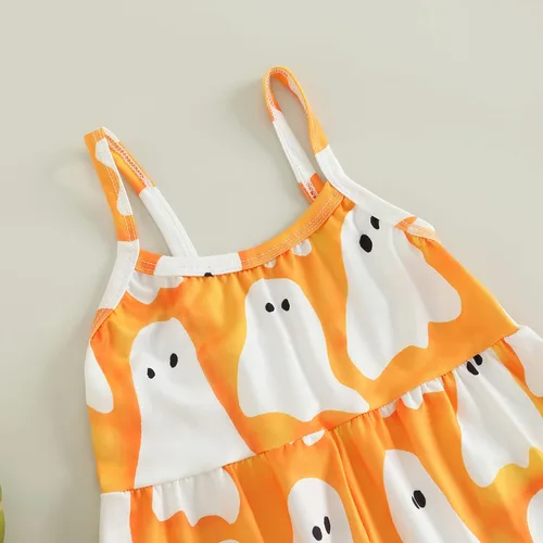 Miniatura 5 de Emmababy Enterizo de Halloween para niños y niñas pequeñas, con estampado de calabaza, fantasmacaricatura, gato, calabaza, sin mangas, 1-6T, overol