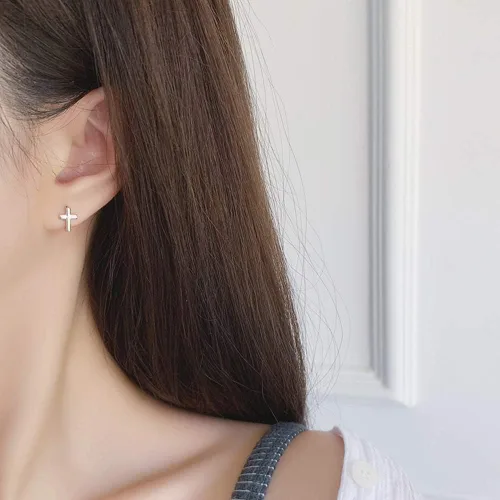 Miniatura 3 de Aretes de aro de plata de ley con cruz para mujeres y niñas, minimalistas, con fe, esperanza, cartílago, pequeño, tragus, abrazos, puños, joyería