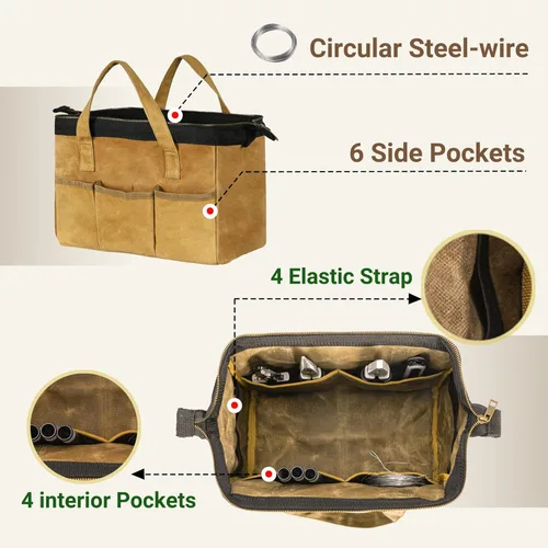 Miniatura 5 de Bolsa Portaherramientas, Bolsa de Herramientas de Lona Encerada Resistente de 13 Pulgadas de Boca Ancha, Bolsa de Herramientas de Parte Superior