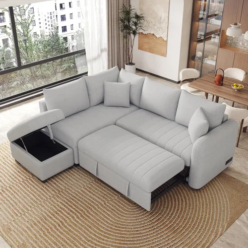 Miniatura 22 de Sofá cama modular de 104 pulgadas con diván convertible de almacenamiento y taburetes para sala de estar, moderno sofá cama extraíble de 3 asientos