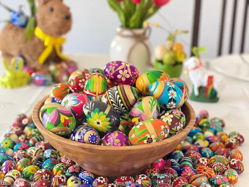 Miniatura 5 de Huevos de madera pintados a mano de Pascua polacos (Pisanki) Huevos decorativos para Pascua, juego de 6 huevos medianos