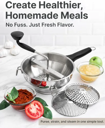 Miniatura 3 de Molino de alimentos de acero inoxidable con asas desmontables – Molino de manivela para comida de bebé, salsa de tomate y puré de papas – Incluye 3