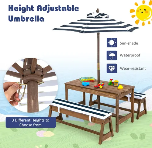 Miniatura 4 de Costzon Mesa de Picnic para Niños, Juego de Mesa y Silla de Madera para Niños Pequeños con Cojines, Sombrilla de Altura Ajustable, Mesa