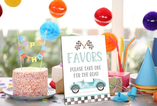 Miniatura 5 de Letreros de fiesta de cumpleaños de coche de carreras, Favores por favor toma uno para el camino, cartel de madera de 8 x 11 con soporte, decoración