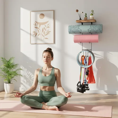 Miniatura 7 de VINAEMO - Soporte para esterilla de yoga, accesorios, organizador de montaje en pared, almacenamiento, decoración, rodillo de espuma y Negro
