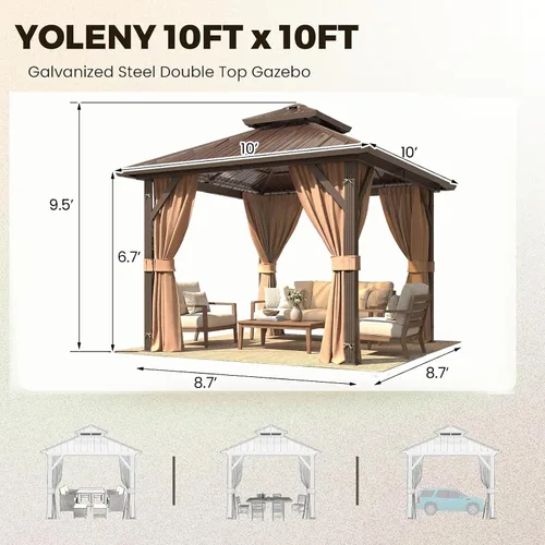 Miniatura 2 de YOLENY - Cenador de 10 x 10 pies con techo rígido, cenador metálico con marco de aluminio, techo doble galvanizado de acero, cortinas y malla