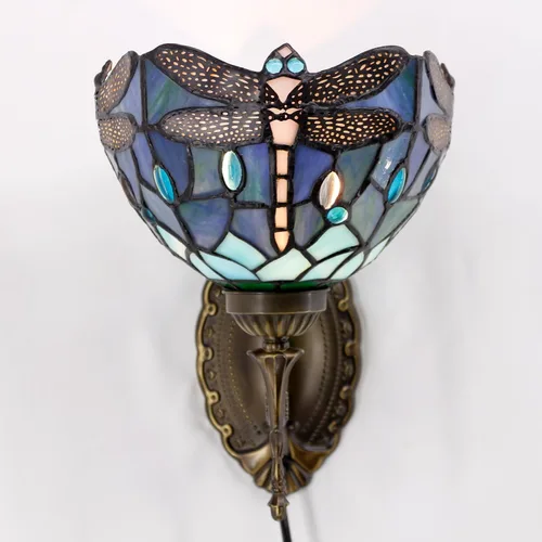 Miniatura 4 de Tiffany - Lámpara de pared enchufable o de cable duro con pantalla de cristal de libélula azul de 8 pulgadas, 8 x 10.5 x 11 pulgadas, acabado base