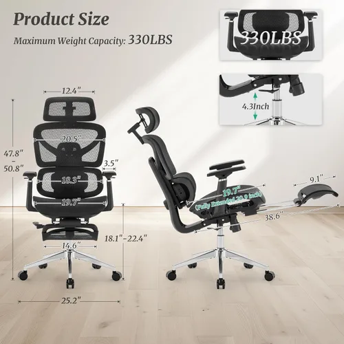 Miniatura 3 de Cozyman Silla de oficina ergonómica con reposapiés, soporte lumbar ajustable de 5 niveles y reclinación de 90-135°, reposacabezas 3D y reposabrazos