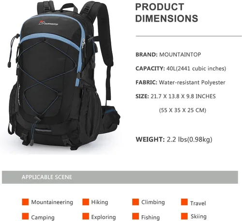 Miniatura 2 de Mochila de senderismo Mountaintop de 25 L/40 L, mochila ligera de viaje para hombres y mujeres, mochila para acampar al aire libre Negro+Azul