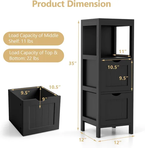 Miniatura 3 de Tangkula Armario de almacenamiento de baño pequeño con 2 cajones extraíbles, armario de piso independiente de madera para baño, dispositivo Negro