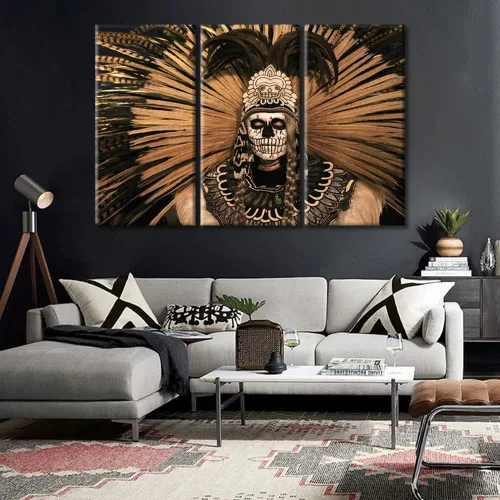 Miniatura 3 de Arte de pared de 3 piezas, pintura en lienzo del Día de los Muertos, Bailarín azteca, impresión sobre lienzo, festival mexicano, obra de arte
