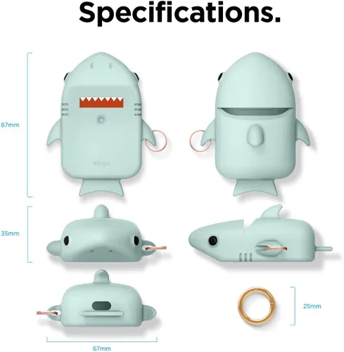 Miniatura 8 de elago Funda de tiburón compatible con Apple AirPods, bonita funda de diseño 3D con llavero para Apple AirPods 2, 1 (menta bebé)