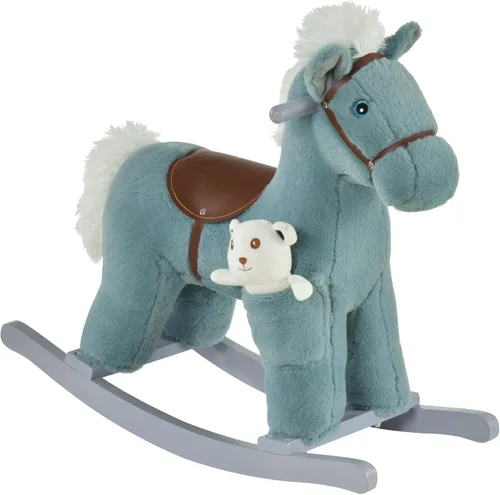 Qaba Caballo mecedor de peluche para niños con juguete de oso, silla para niños con juguete de felpa suave y divertidos sonidos realistas, azul