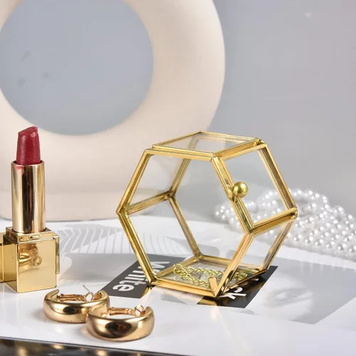 Miniatura 8 de Feyarl Pequeña caja de joyería de cristal dorado para joyería de joyería de joyería de cristal adornado, caja organizadora de recuerdos, caja